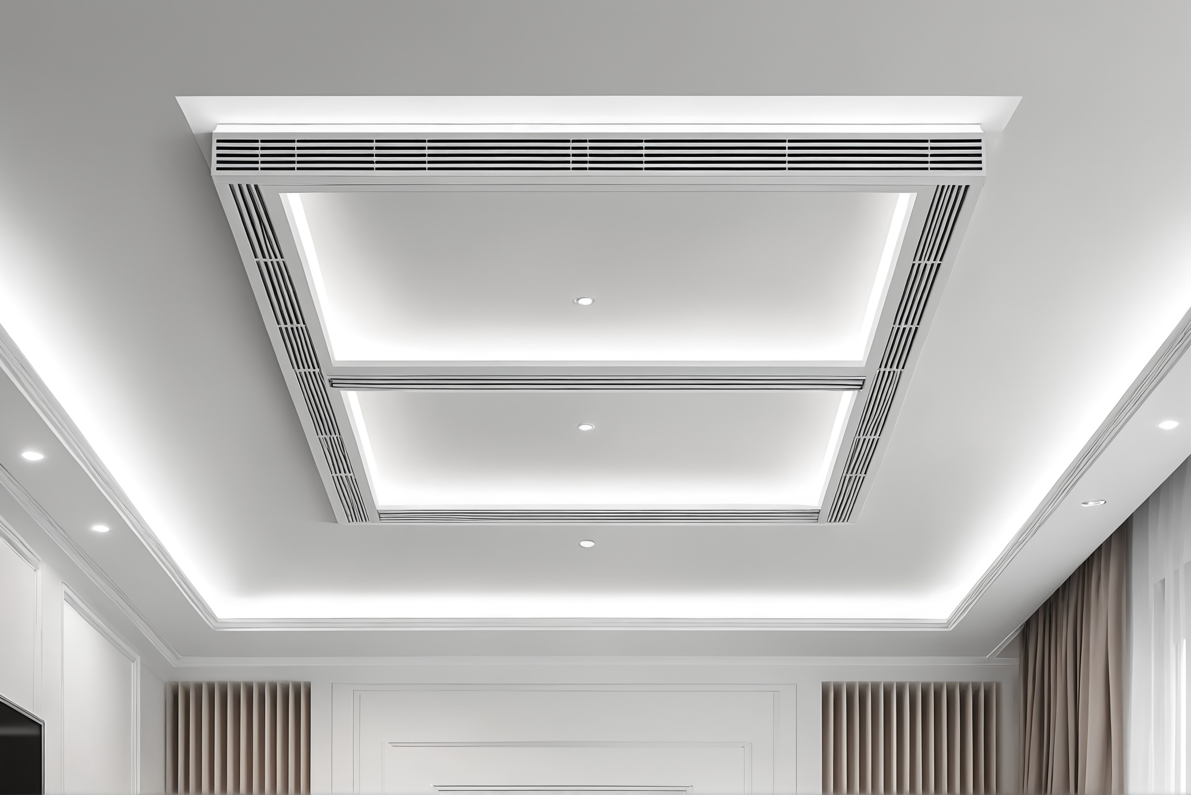 Luxury ceiling with linear air conditioning diffuser and recessed lighting