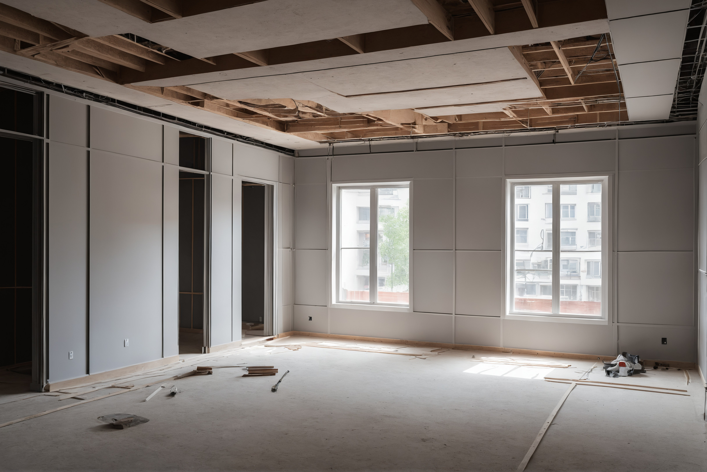 Room at first fix stage with electrical conduits, partition framing and air conditioning ducts overhead