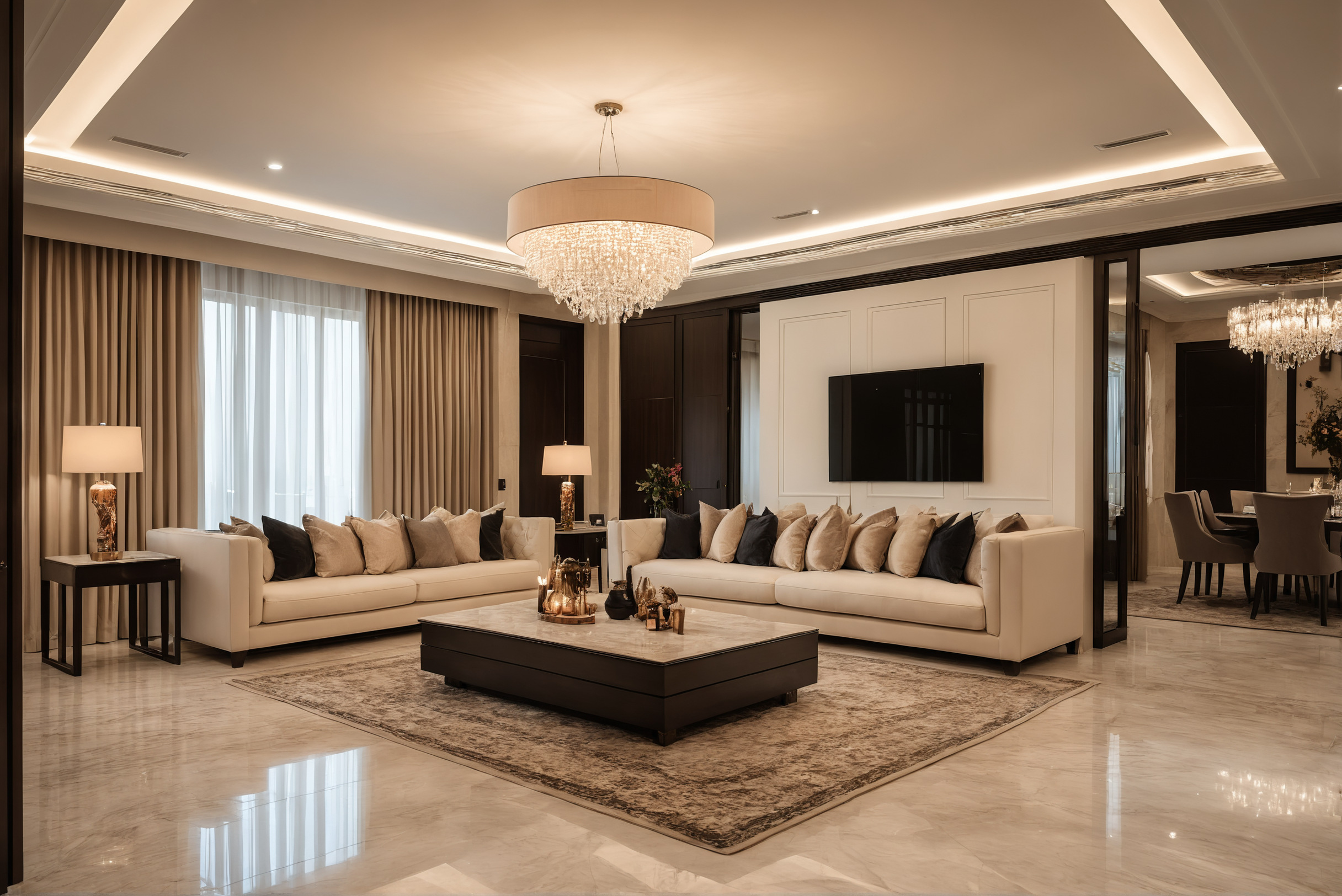 Finished Dubai living room with cream sofa, panelled wall and pendant centred over the dining table