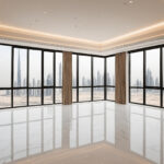 Dubai apartment living room at fit-out completion with finished marble floor and cove-lit ceiling, no furniture yet
