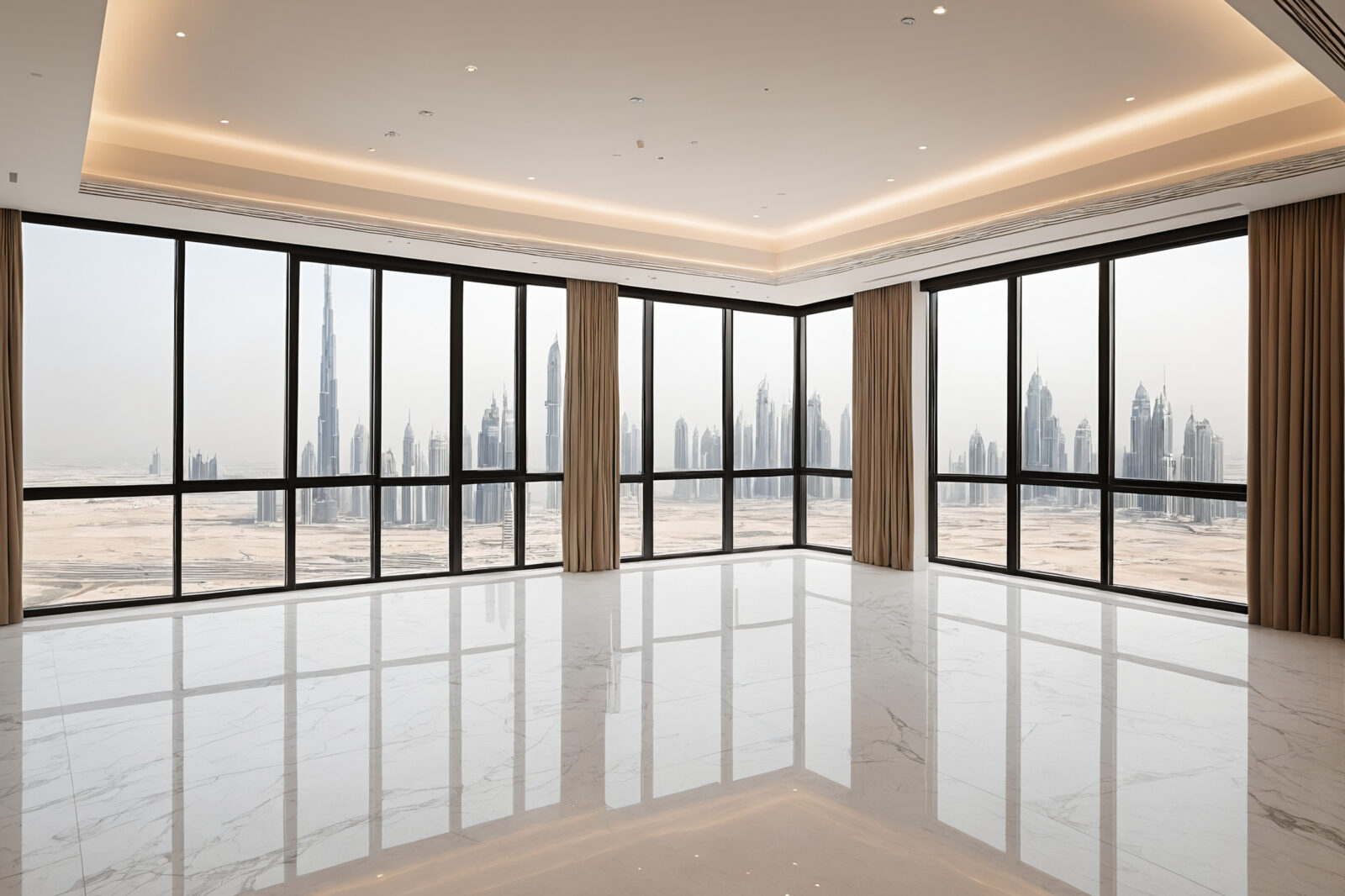 Dubai apartment living room at fit-out completion with finished marble floor and cove-lit ceiling, no furniture yet