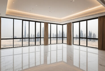 Dubai apartment living room at fit-out completion with finished marble floor and cove-lit ceiling, no furniture yet