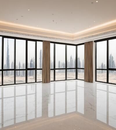 Dubai apartment living room at fit-out completion with finished marble floor and cove-lit ceiling, no furniture yet