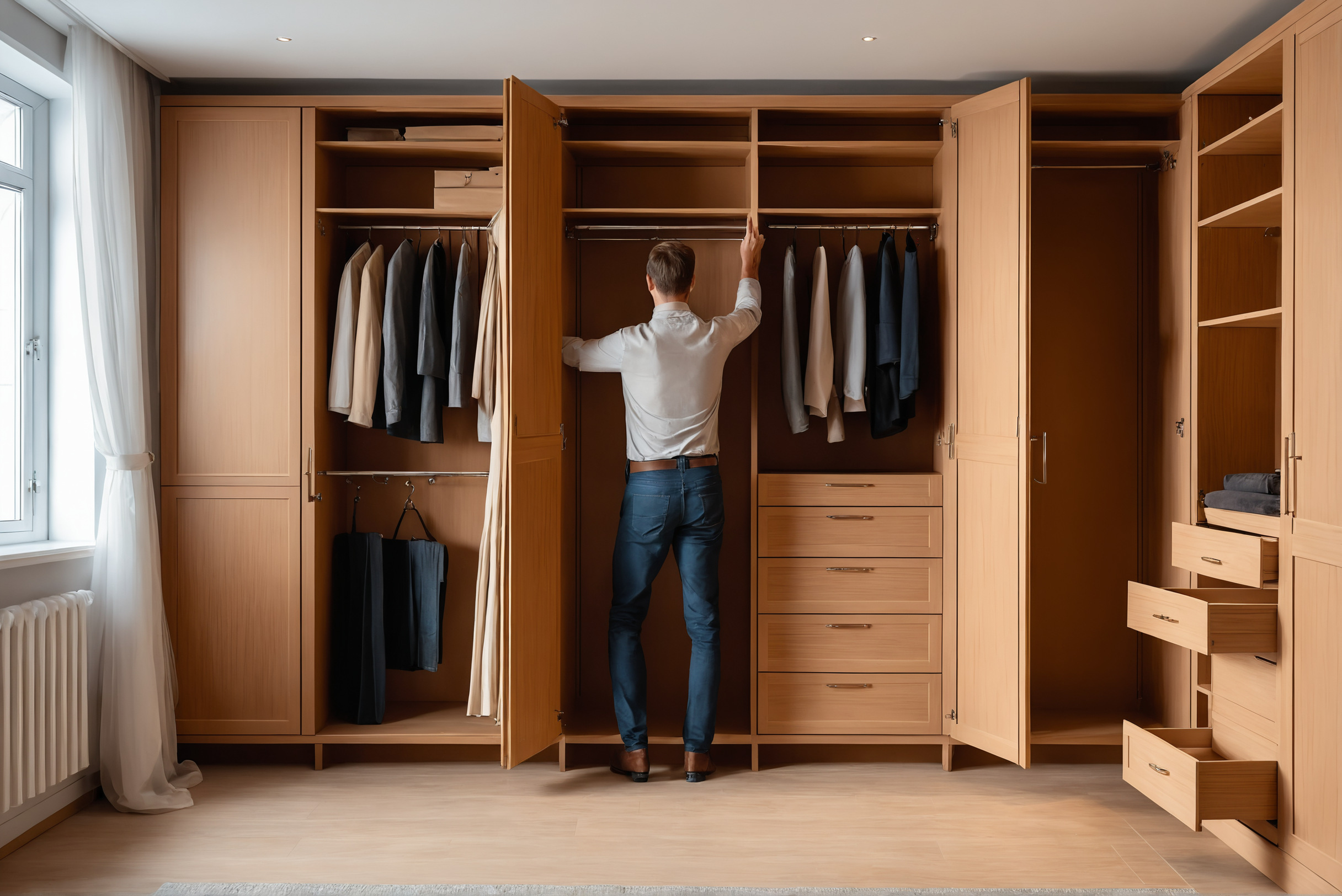 Fitted wardrobe interior in a dressing room during final joinery checks