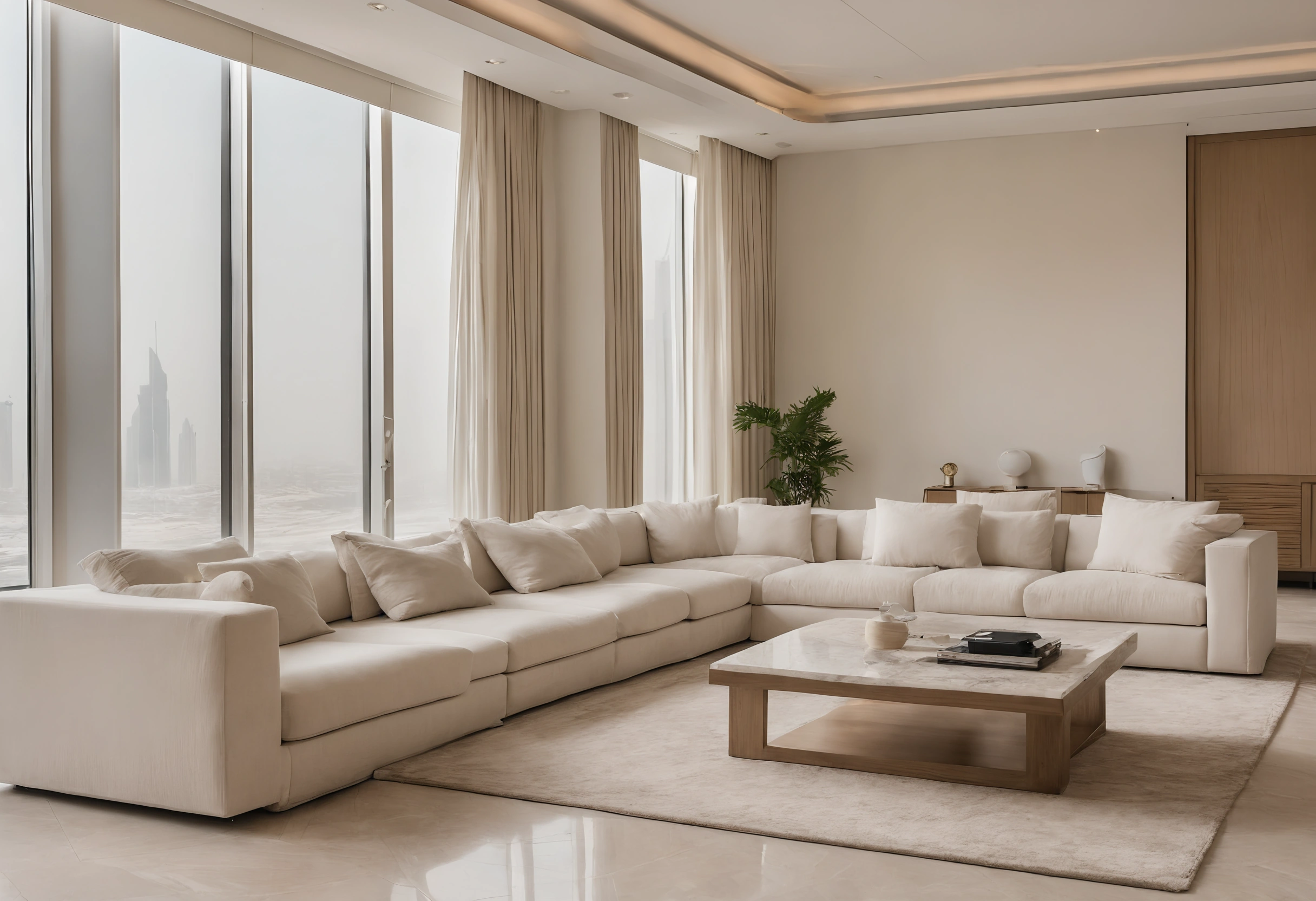 Showroom living area with a white modular sofa, square stone coffee table and floor-to-ceiling windows onto a hazy city skyline