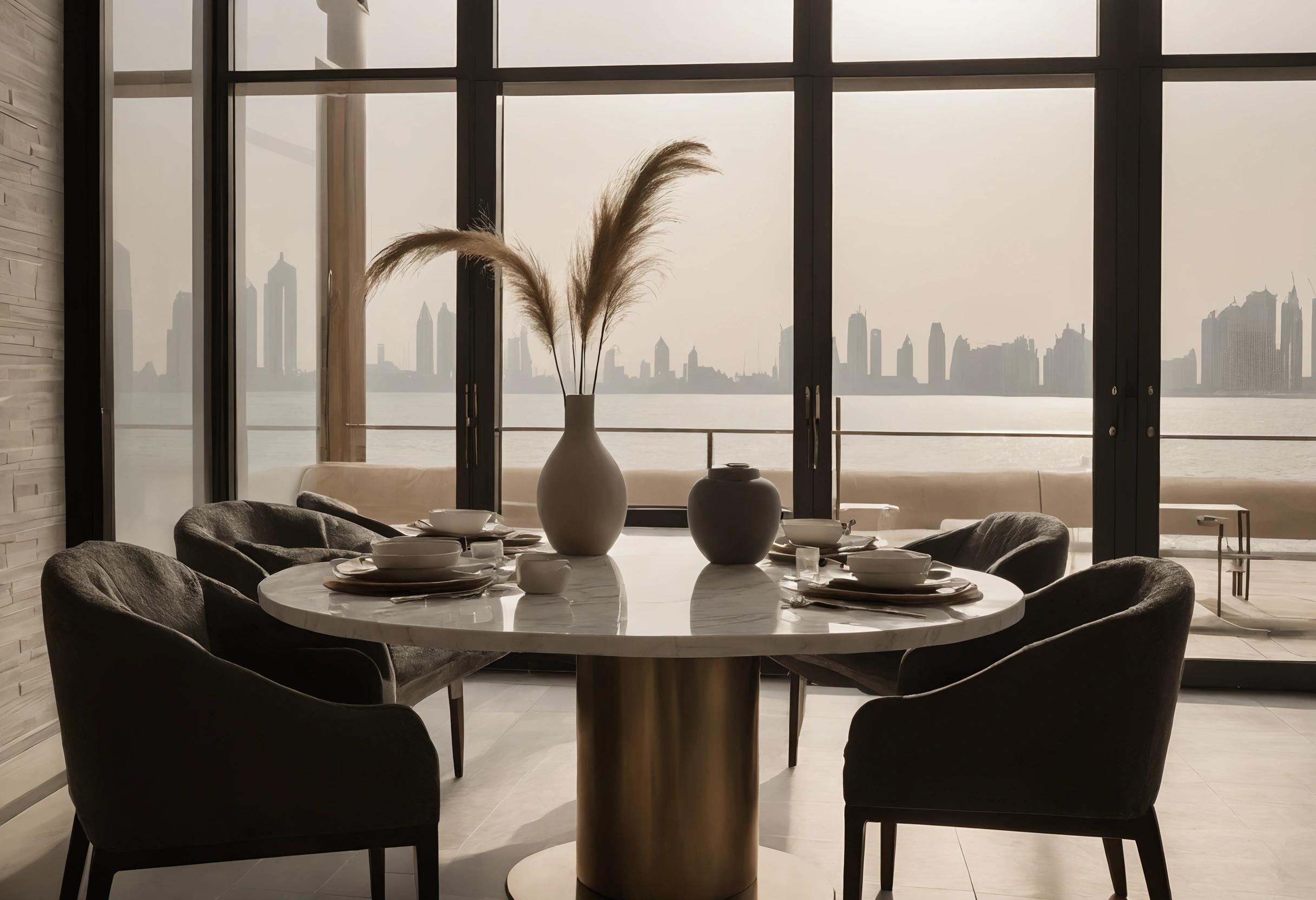 Round marble dining table with dark upholstered chairs beside a window over the water and skyline